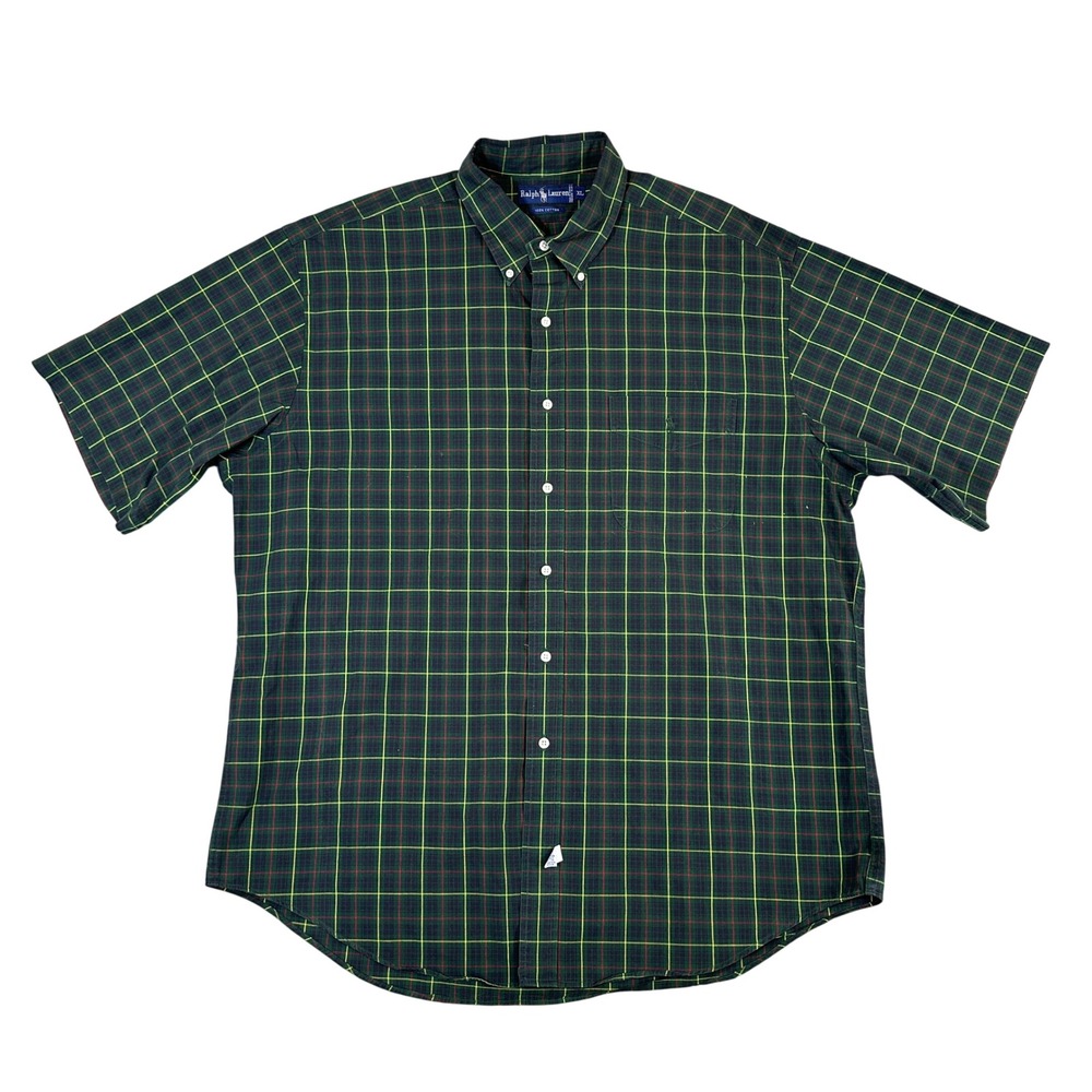 Ralph Lauren Mens XL Green Plaid Short Sleeve Button Down Cotton Shirt Pony Logo